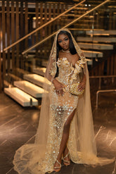 Champagne sweetheart front-split mermaid prom dress