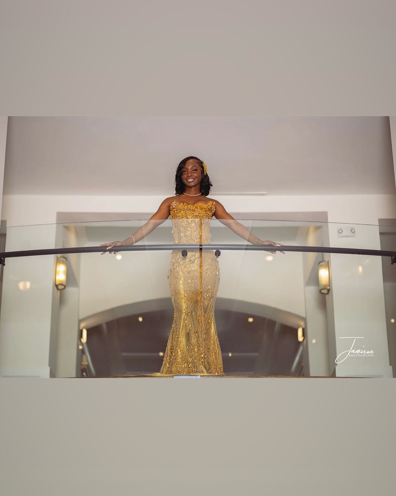 Gold Mermaid Prom Dress Strapless Sweetheart Sheer Illusion Boned Corset Oversized Gold Topaz Gemstone Rhinestone Cluster Vertical Gold Bugle Bead Fringe Chain Gold Scroll Vine Beading Gold Satin Sweep Train Gown