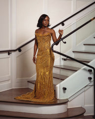 Gold Mermaid Prom Dress Strapless Sweetheart Sheer Illusion Boned Corset Oversized Gold Topaz Gemstone Rhinestone Cluster Vertical Gold Bugle Bead Fringe Chain Gold Scroll Vine Beading Gold Satin Sweep Train Gown