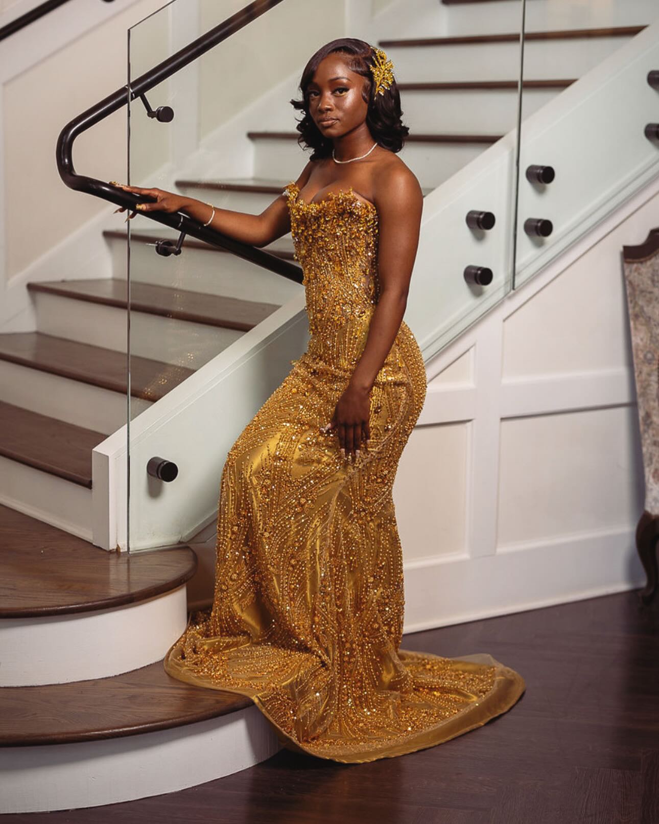Gold Mermaid Prom Dress Strapless Sweetheart Sheer Illusion Boned Corset Oversized Gold Topaz Gemstone Rhinestone Cluster Vertical Gold Bugle Bead Fringe Chain Gold Scroll Vine Beading Gold Satin Sweep Train Gown