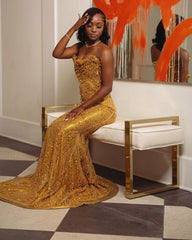 Gold Mermaid Prom Dress Strapless Sweetheart Sheer Illusion Boned Corset Oversized Gold Topaz Gemstone Rhinestone Cluster Vertical Gold Bugle Bead Fringe Chain Gold Scroll Vine Beading Gold Satin Sweep Train Gown