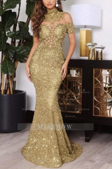 Gold Off The Shoulder Sparkle Mermaid Floor Length Prom Dress