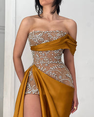 Gold Satin Mermaid Formal Dress Strapless Sheer Rhinestone Bodice High Slit Sweep Train