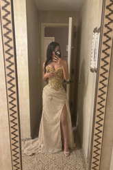 Champagne v-neck rhinestone mermaid prom dress