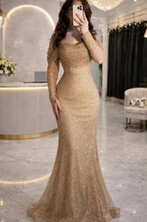 Gold Sequin Mermaid Evening Dress Off-the-Shoulder Long Sleeves Crystal Beading Ruched Formal Gown with Train