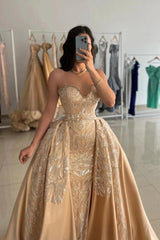 Gold Sequin Mermaid Evening Dress Sweetheart Spaghetti Straps Detachable Overskirt Formal Gown