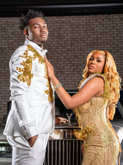 Gold Sequin Mermaid Prom Dress Deep V Neck 3D Floral Leaf Beaded Crystal Chain Fringe Luxury Evening Gown with Sweep Train