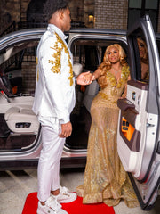 Gold Sequin Mermaid Prom Dress Deep V Neck 3D Floral Leaf Beaded Crystal Chain Fringe Luxury Evening Gown with Sweep Train