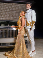 Gold Sequin Mermaid Prom Dress Deep V Neck 3D Floral Leaf Beaded Crystal Chain Fringe Luxury Evening Gown with Sweep Train