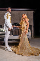 Gold Sequin Mermaid Prom Dress Deep V Neck 3D Floral Leaf Beaded Crystal Chain Fringe Luxury Evening Gown with Sweep Train