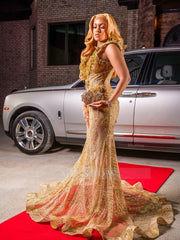 Gold v-neck rhinestone mermaid prom dress