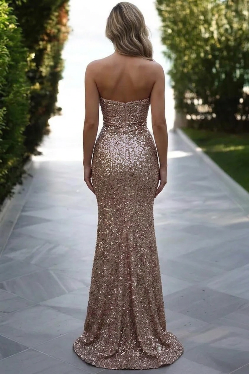 Gold Sequin Mermaid Prom Dress One Shoulder 3D Floral Ruched Waist High Slit Luxury Evening Gown with Sweep Train