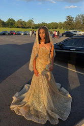 Gold Sequin Mermaid Prom Dress Strapless Sweetheart 3D Floral Beaded with Veil Luxury Evening Gown with Court Train