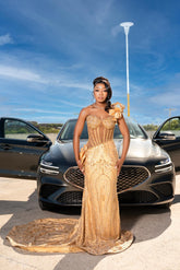 Gold Sequin Mermaid Prom Dress Sweetheart Corset Bodice 3D Floral One Shoulder Baroque Beaded Evening Gown with Sweep Train