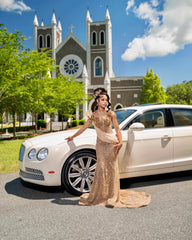 Gold Sequin Mermaid Prom Dress V Neck 3D Floral Beaded Overskirt Luxury Evening Gown with Sweep Train