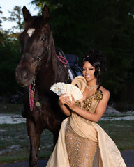 Gold Sequin Mermaid Prom Dress V Neck 3D Floral Beaded Overskirt Luxury Evening Gown with Sweep Train