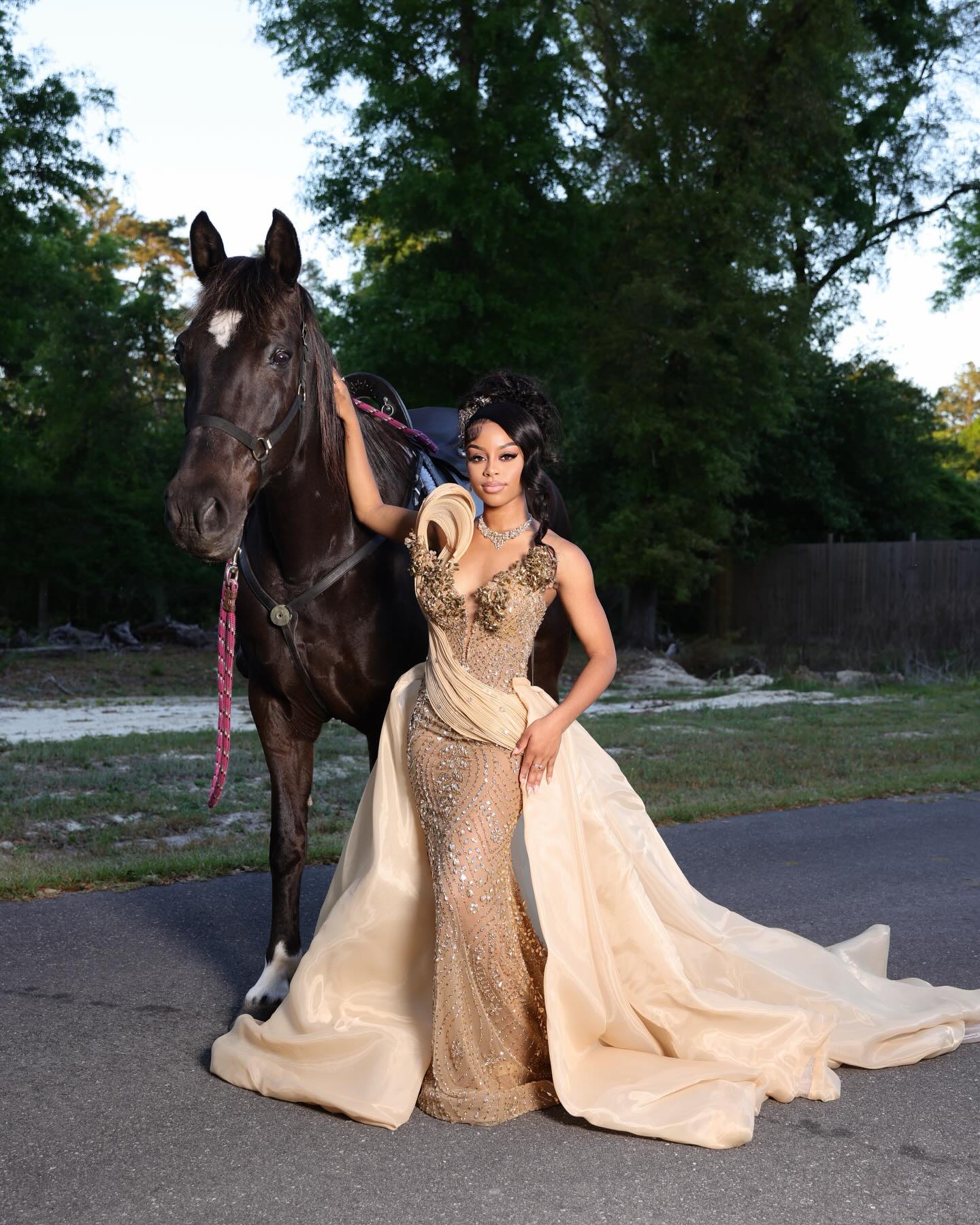 Gold Sequin Mermaid Prom Dress V Neck 3D Floral Beaded Overskirt Luxury Evening Gown with Sweep Train