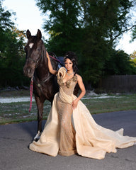 Gold Sequin Mermaid Prom Dress V Neck 3D Floral Beaded Overskirt Luxury Evening Gown with Sweep Train