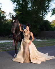 Gold Sequin Mermaid Prom Dress V Neck 3D Floral Beaded Overskirt Luxury Evening Gown with Sweep Train