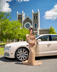 Gold Sequin Mermaid Prom Dress V Neck 3D Floral Beaded Overskirt Luxury Evening Gown with Sweep Train