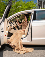 Gold Sequin Mermaid Prom Dress V Neck 3D Floral Beaded Overskirt Luxury Evening Gown with Sweep Train