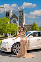 Gold Sequin Mermaid Prom Dress V Neck 3D Floral Beaded Overskirt Luxury Evening Gown with Sweep Train