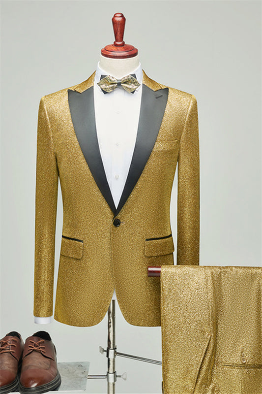 Gold Sequins Peaked Lapel Two-Piece Tailored Prom Suit