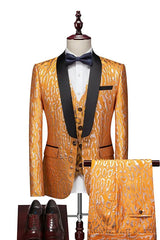 Gold Shawl Collar Three-Piece New Jacquard Wedding Suit Arrival