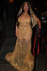 Gold Sleeveless Prom Dress Sheer Beaded Mermaid Gown with Veil