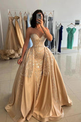 Gold Spaghetti Straps Sequin Beaded Mermaid Detachable Overskirt Floor Formal Evening Gown