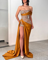 Gold Strapless Sheer Beaded Bodice Mermaid Satin High Slit Floor Formal Evening Gown