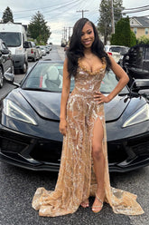 Gold Strapless Sweep Train Split Front Beads Prom Dress With Sequins