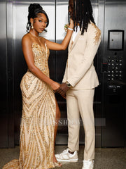 Gold v-neck split-front mermaid prom dress