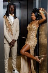 Gold Strapless V-neck Prom Dress Beaded Mermaid Gown with High Slit