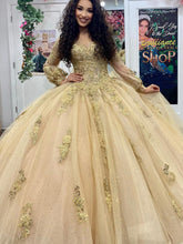 Gold Sweetheart Long Sleeve Lace Applique Rhinestone Bow Ball Gown Quinceanera Dress