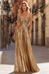 Gold Sweetheart Rhinestone Beading Pleated Ruching Metallic Satin A-Line Prom Dress Floor Length