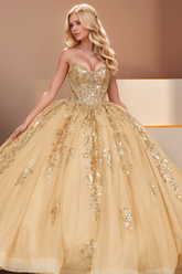 Gold Sweetheart Sleeveless Floral Applique Corset Bow Ball Gown Quinceanera Dress