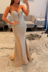 Gold Sweetheart Twisted Bow Keyhole Cutout All-Over Rhinestone Beading Sequined Mermaid Prom Dress Open Back Sweep Train