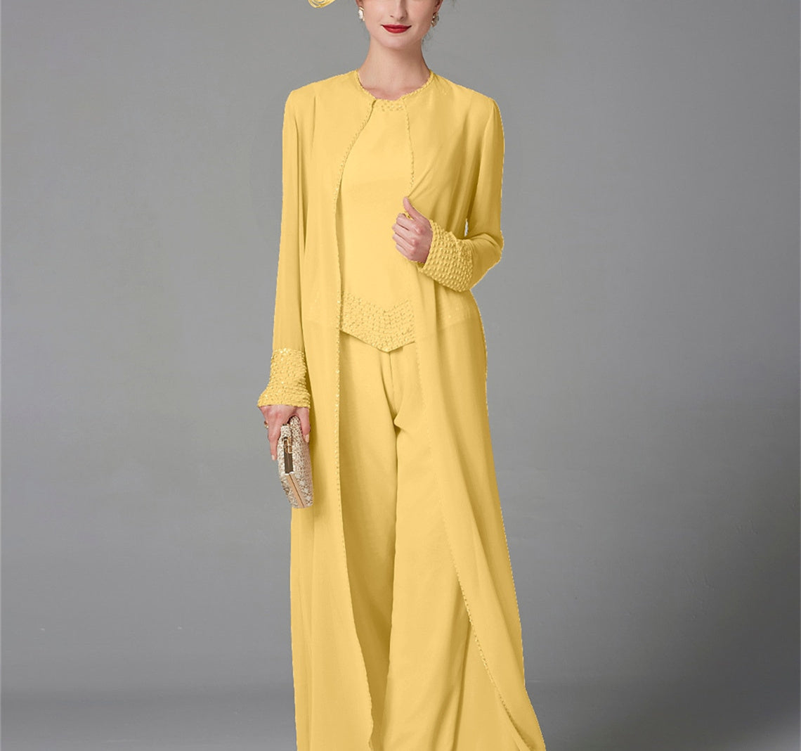 Chiffon Long Sleeves Mother Of The Bride Pantsuits With Jacket Sequins