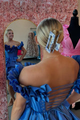 Golden Off the Shoulder A-Line Short Corset Homecoming Dress with Ruffles