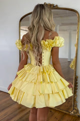Golden Off the Shoulder A-Line Short Corset Homecoming Dress with Ruffles