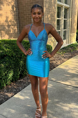 Golden Spaghetti Straps Beaded Bodycon Short Homecoming Dress