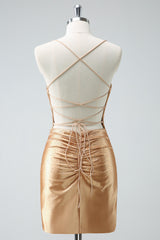 Golden Spaghetti Straps Beaded Bodycon Short Homecoming Dress