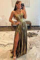 Golden Sparkle A-Line Halter Gown with Keyhole Slit for Prom