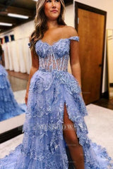 Gorgeous A-Line Lace Off-The-Shoulder Sleeveless Prom Evening Dresses With Split