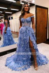 Gorgeous A-Line Lace Off-The-Shoulder Sleeveless Prom Evening Dresses With Split