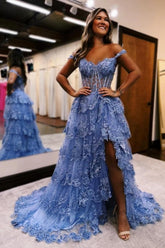 Gorgeous A-Line Lace Off-The-Shoulder Sleeveless Prom Evening Dresses With Split