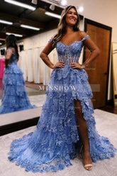 Gorgeous A-Line Lace Off-The-Shoulder Sleeveless Prom Evening Dresses With Split