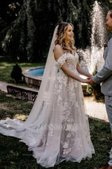 Gorgeous A-Line Lace Off-The-Shoulder Sleeveless White Wedding Dresses With Ruffles