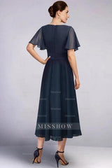 Gorgeous A-Line Mother of The Bride Dress Chiffon V-Neck Cap Sleeve Bridesmaid Dresses With Ruffles